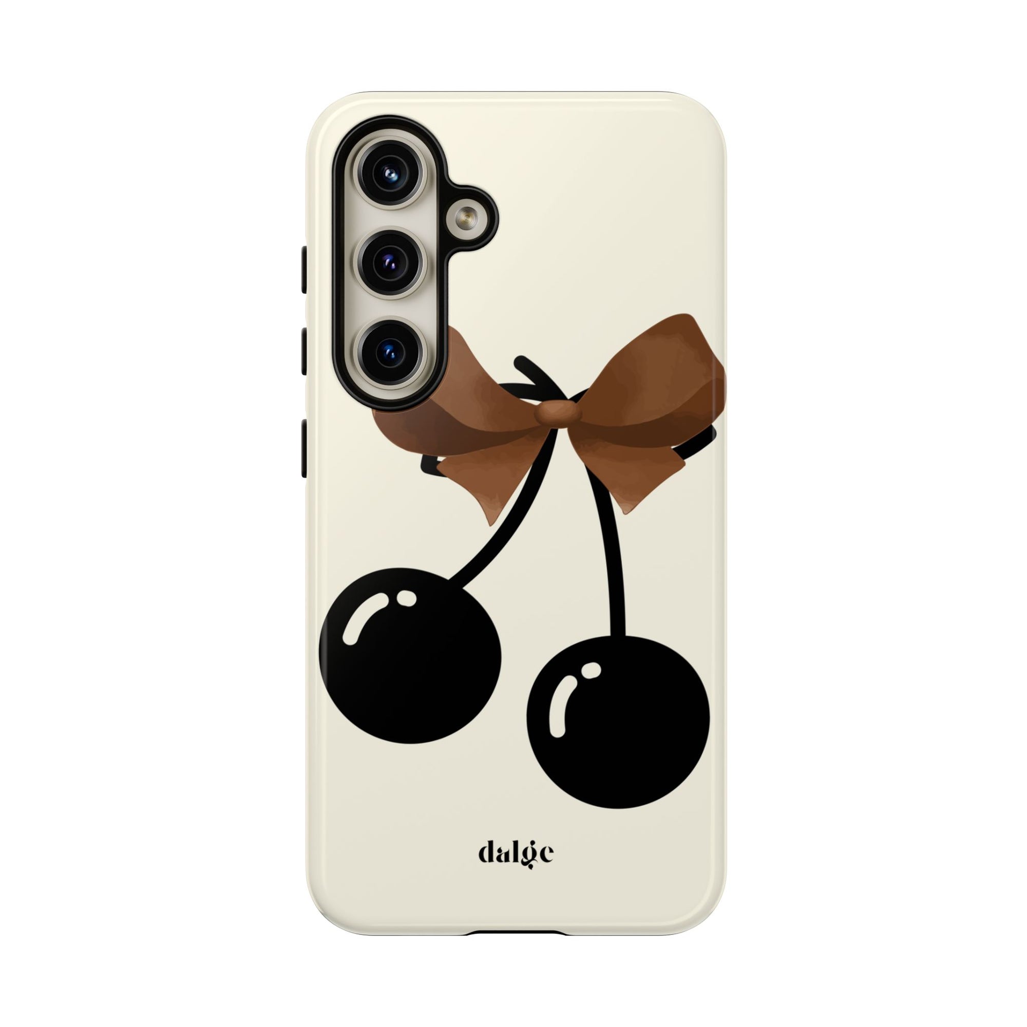 Sweet Sixteen Tough Phone Case  with two black cherries and brown bow on silky beige background full covering the device from our collection Mini Cocktail