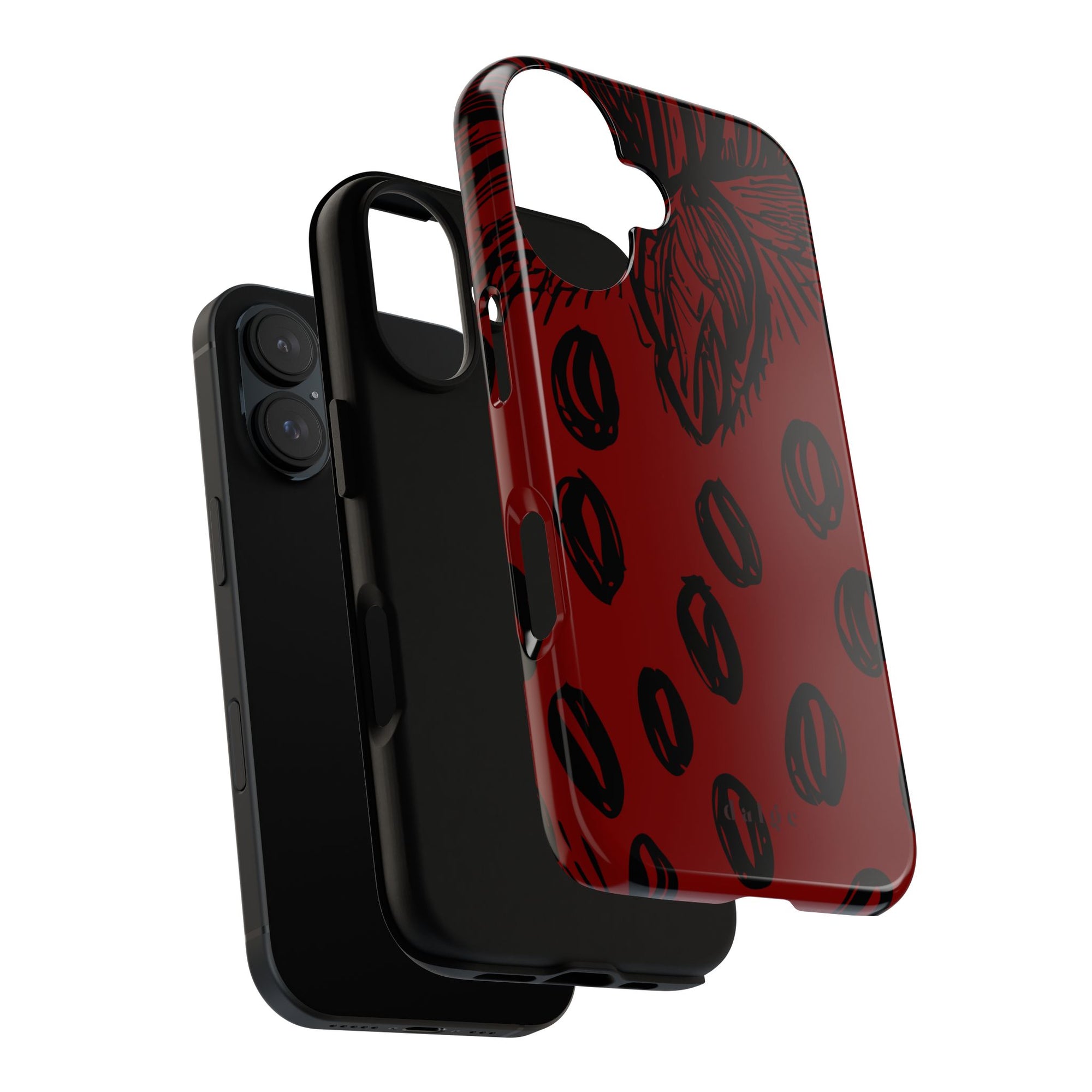 Strawberry Daiquiri Tough Phone Case featuring design of strawberries in black graphic on dark red background for durable and artistic coverage