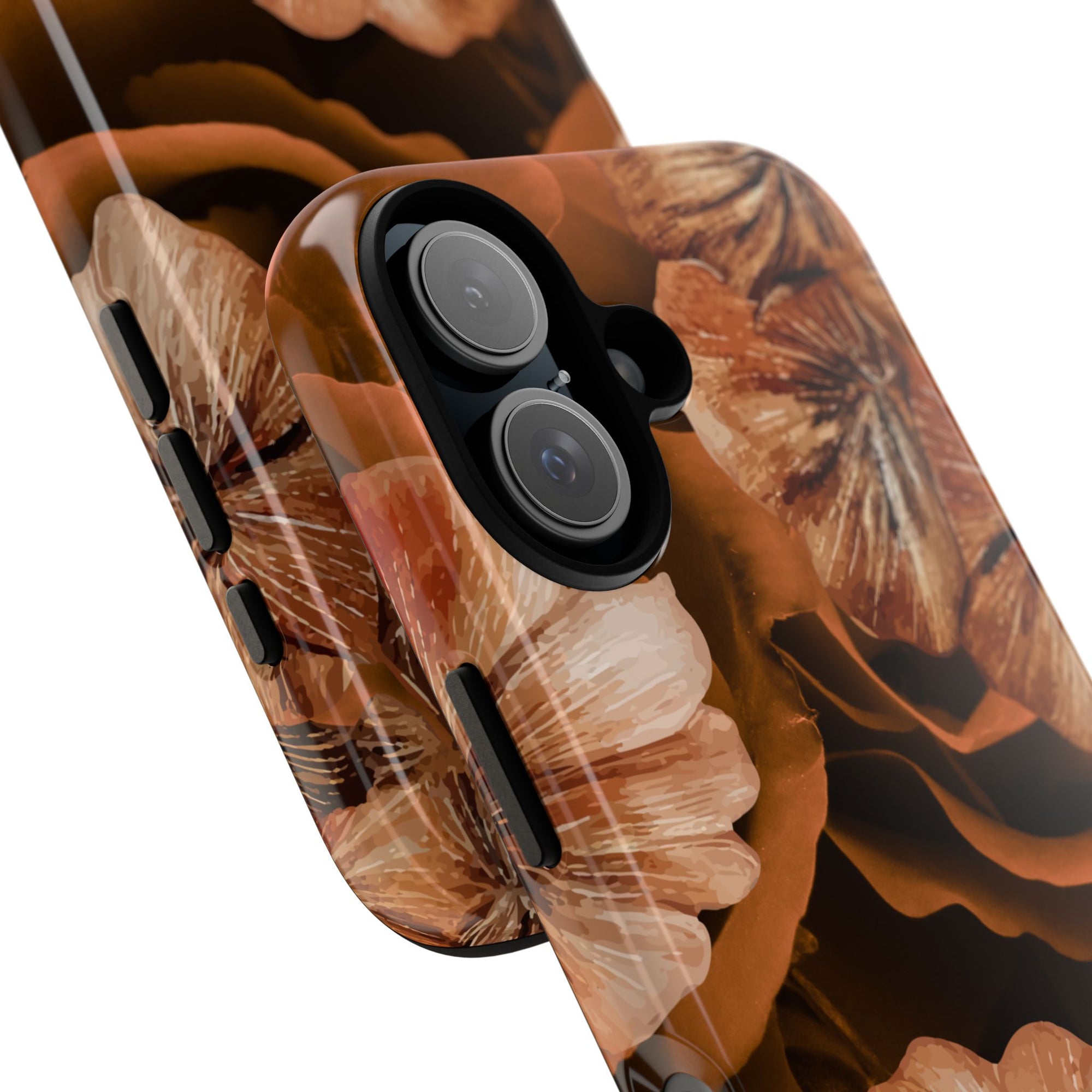 Midnight Date Tough Phone Case | Stylish & Durable Phone Protection with designed  big flowers in brown and peach shades