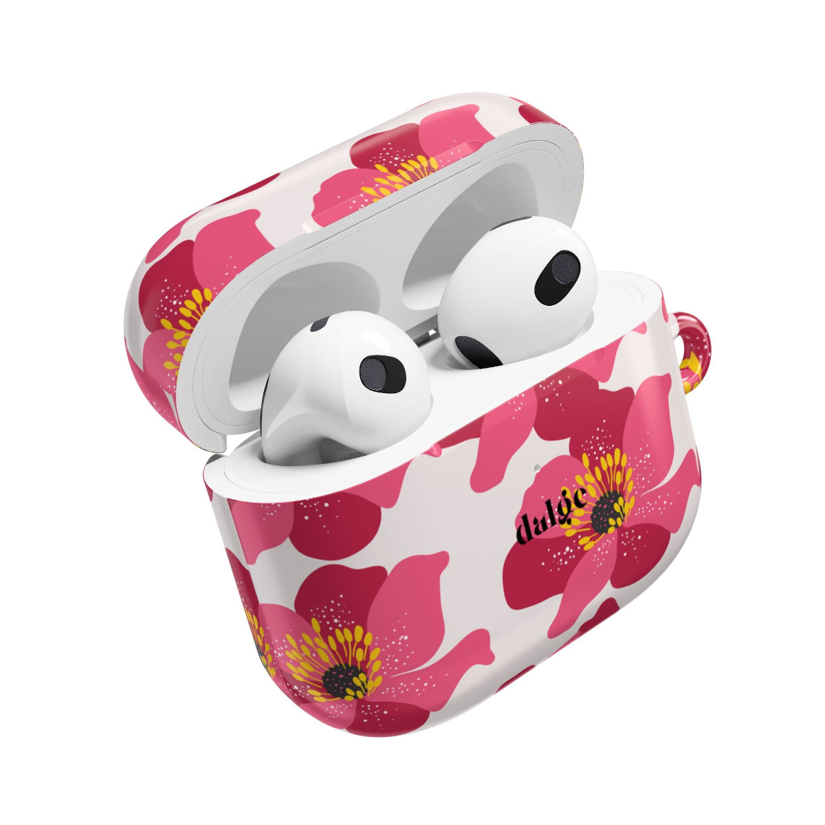 Spring Break AirPods Case featuring big pink flowers on glossy beige background from Spring Edition Collection