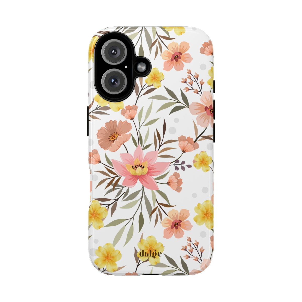 Floral phone case with pink and yellow flowers on a white background