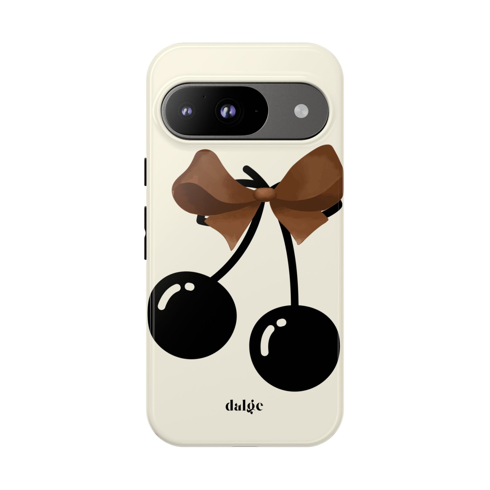 Sweet Sixteen Tough Phone Case  with two black cherries and brown bow on silky beige background full covering the device from our collection Mini Cocktail