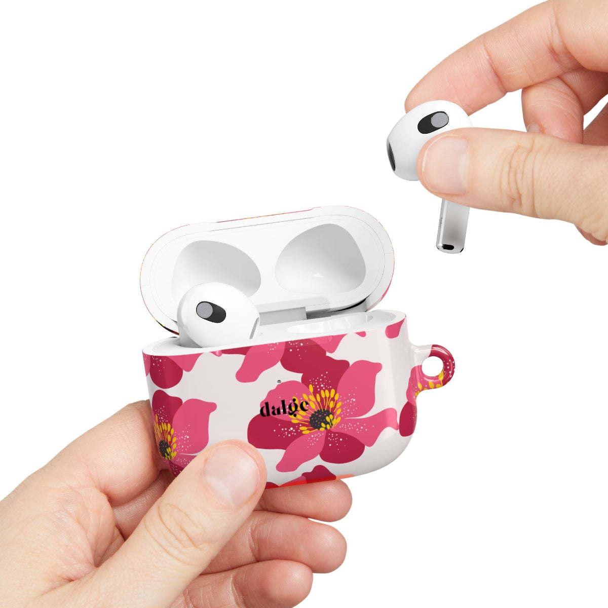Spring Break AirPods Case featuring big pink flowers on glossy beige background from Spring Edition Collection