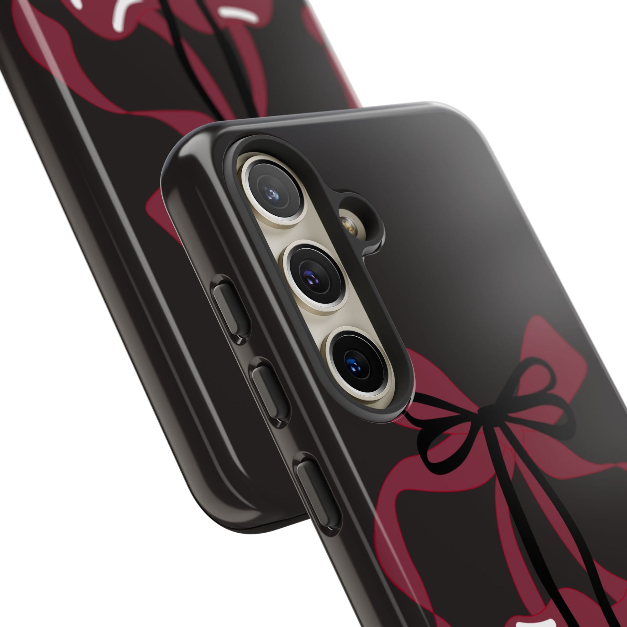 What About Cherries Tough Phone Case | Durable & Stylish, tough phone case featuring two red cherries and bows on black glossy background
