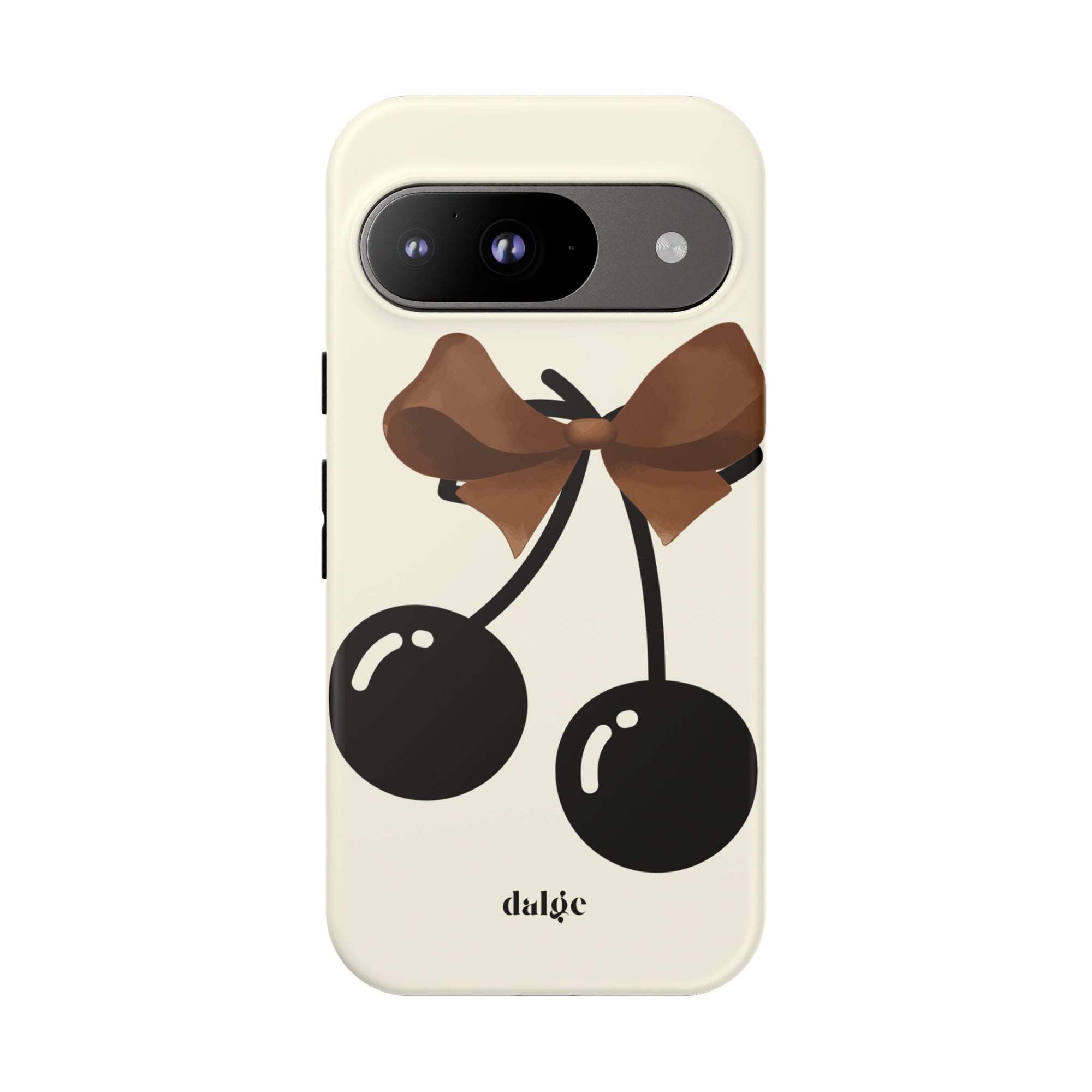 Sweet Sixteen Tough Phone Case  with two black cherries and brown bow on silky beige background full covering the device from our collection Mini Cocktail