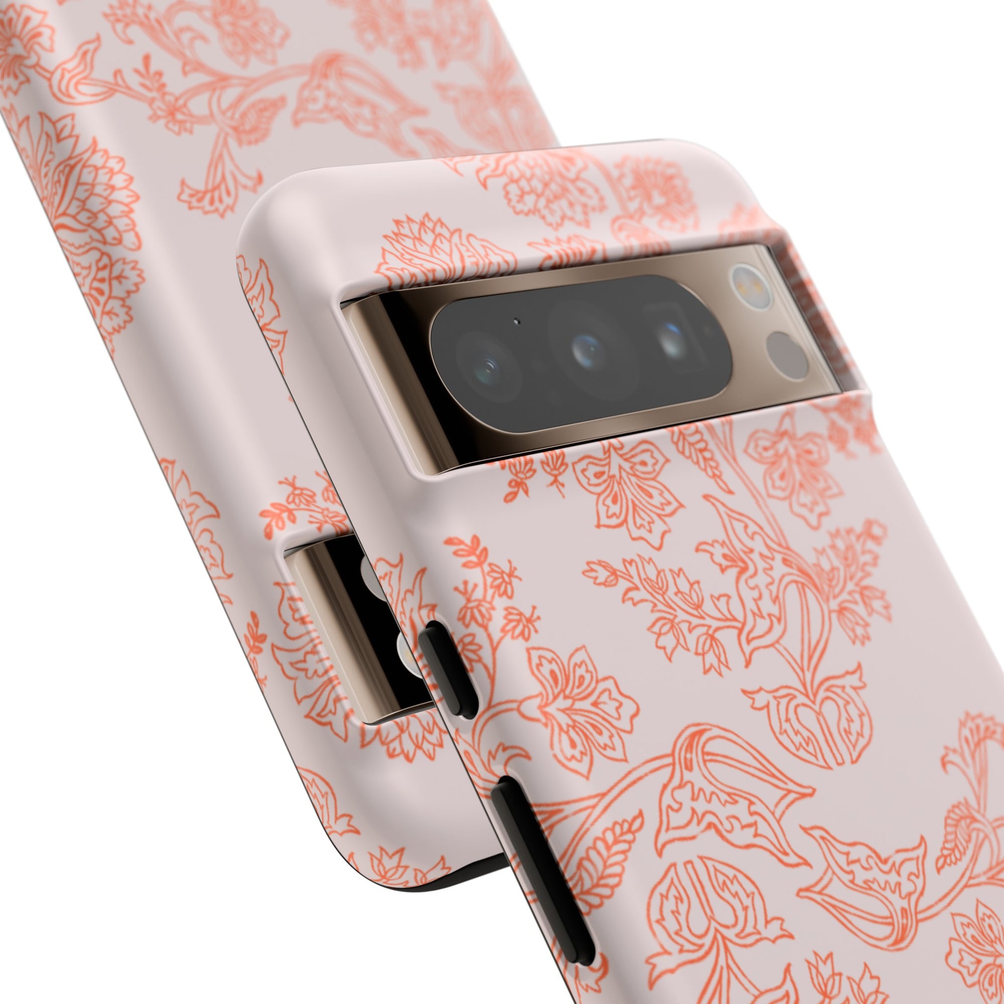 Summer vibes Tough Phone Case featuring orange floral designs on off white background fulling wrapping around the phone protecting it in an artistic way