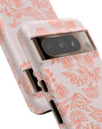 Summer vibes Tough Phone Case featuring orange floral designs on off white background fulling wrapping around the phone protecting it in an artistic way