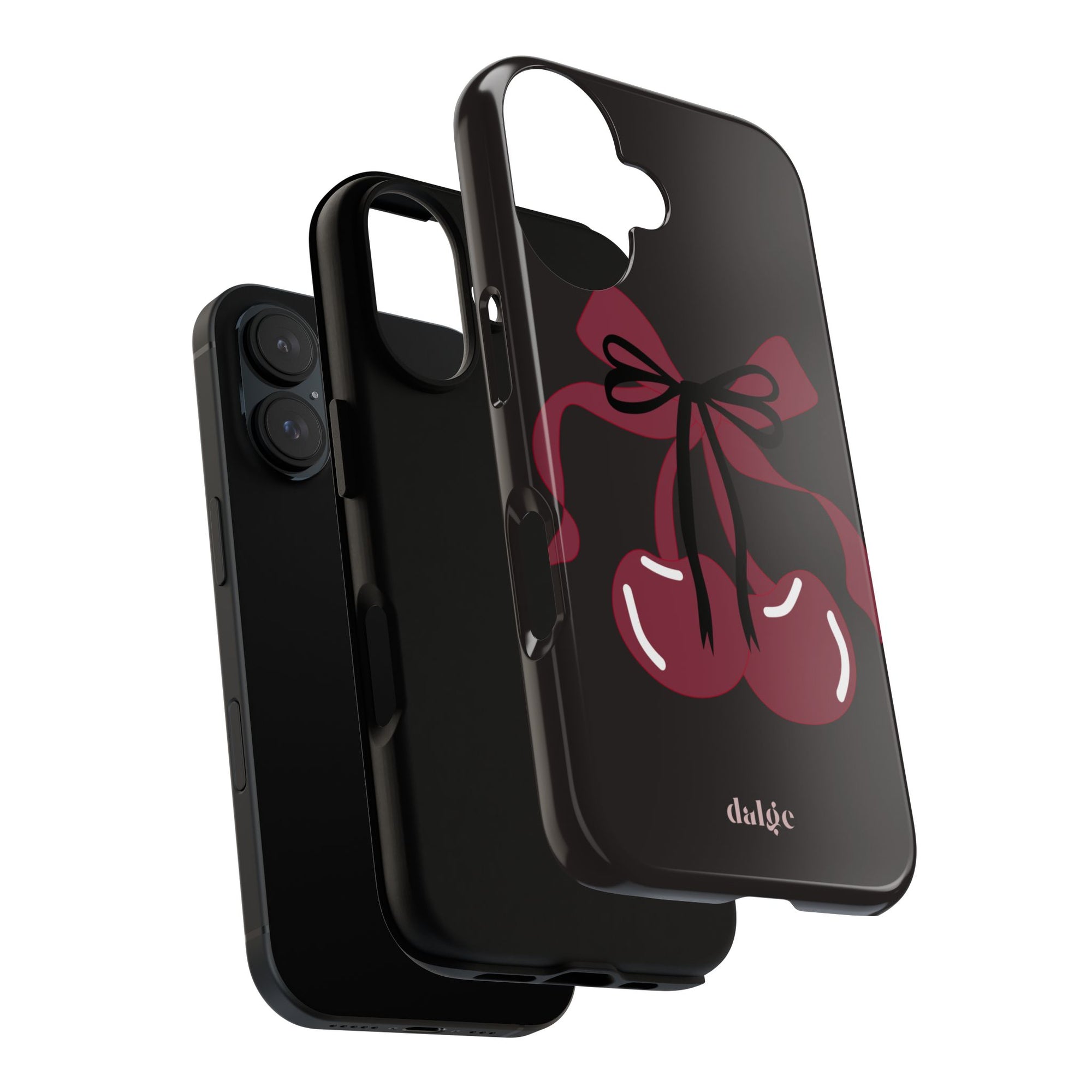 What About Cherries Tough Phone Case | Durable &amp; Stylish, tough phone case featuring two red cherries and bows on black glossy background