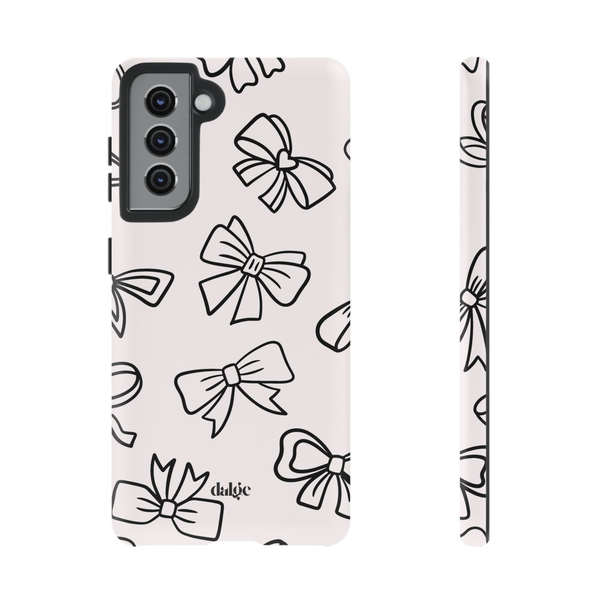 Mila Tough Phone Case featuring bows in black graphic on a dusty pink background in solid or matte finish from Trendy Bows Collection