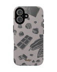 Sweet Course Tough Phone Case featuring design of chocolates in black color on taupe color background fully wrapping around the phone in an artistic way.