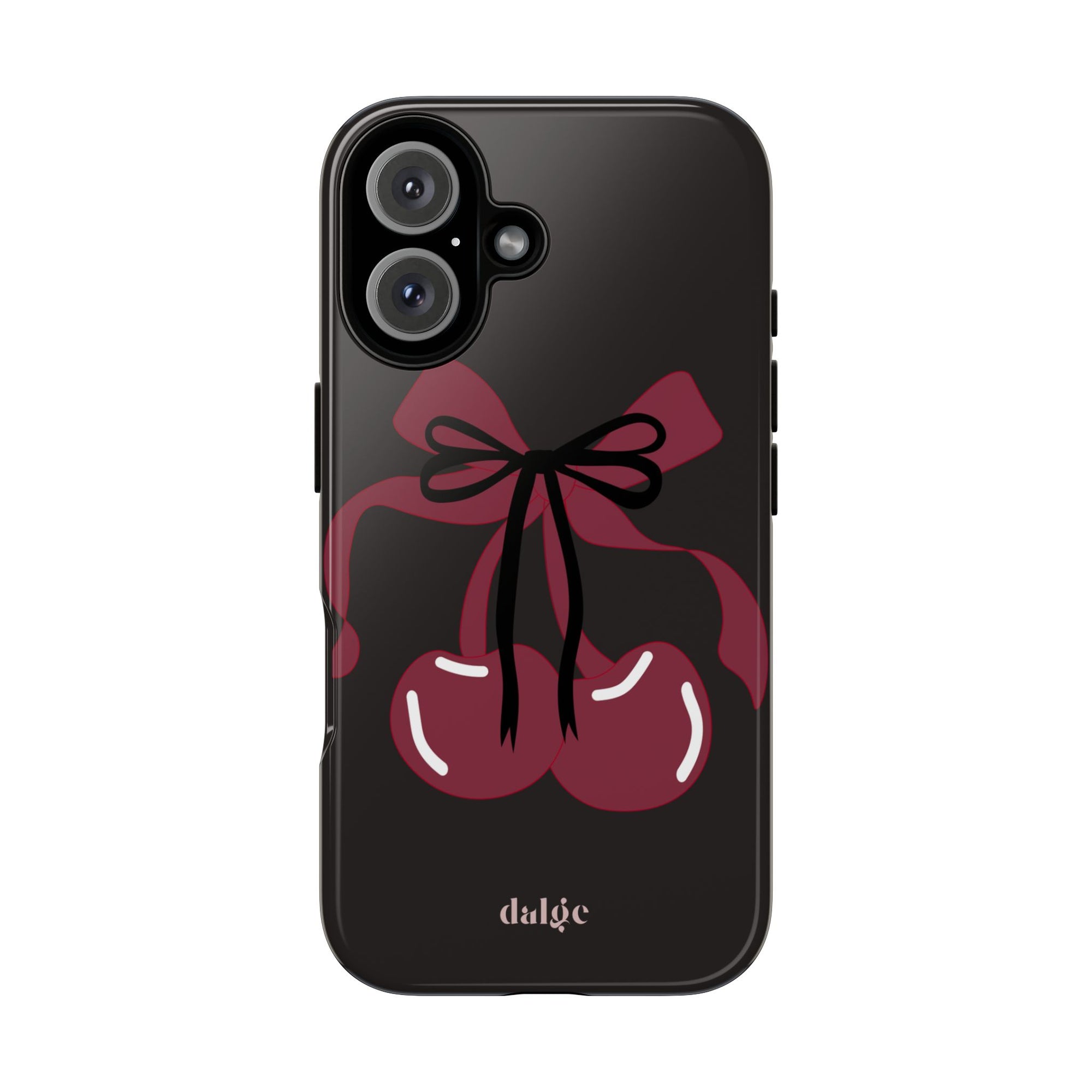 What About Cherries Tough Phone Case | Durable &amp; Stylish, tough phone case featuring two red cherries and bows on black glossy background
