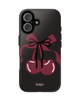 What About Cherries Tough Phone Case | Durable & Stylish, tough phone case featuring two red cherries and bows on black glossy background
