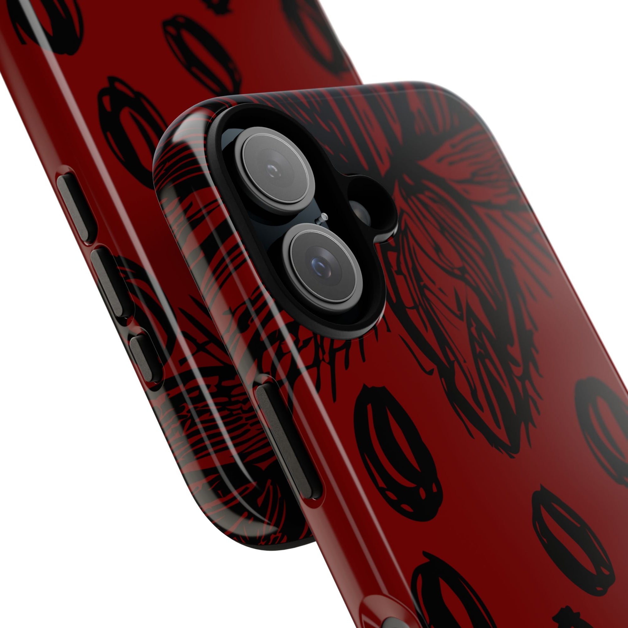 Strawberry Daiquiri Tough Phone Case featuring design of strawberries in black graphic on dark red background for durable and artistic coverage