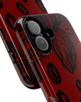 Strawberry Daiquiri Tough Phone Case featuring design of strawberries in black graphic on dark red background for durable and artistic coverage