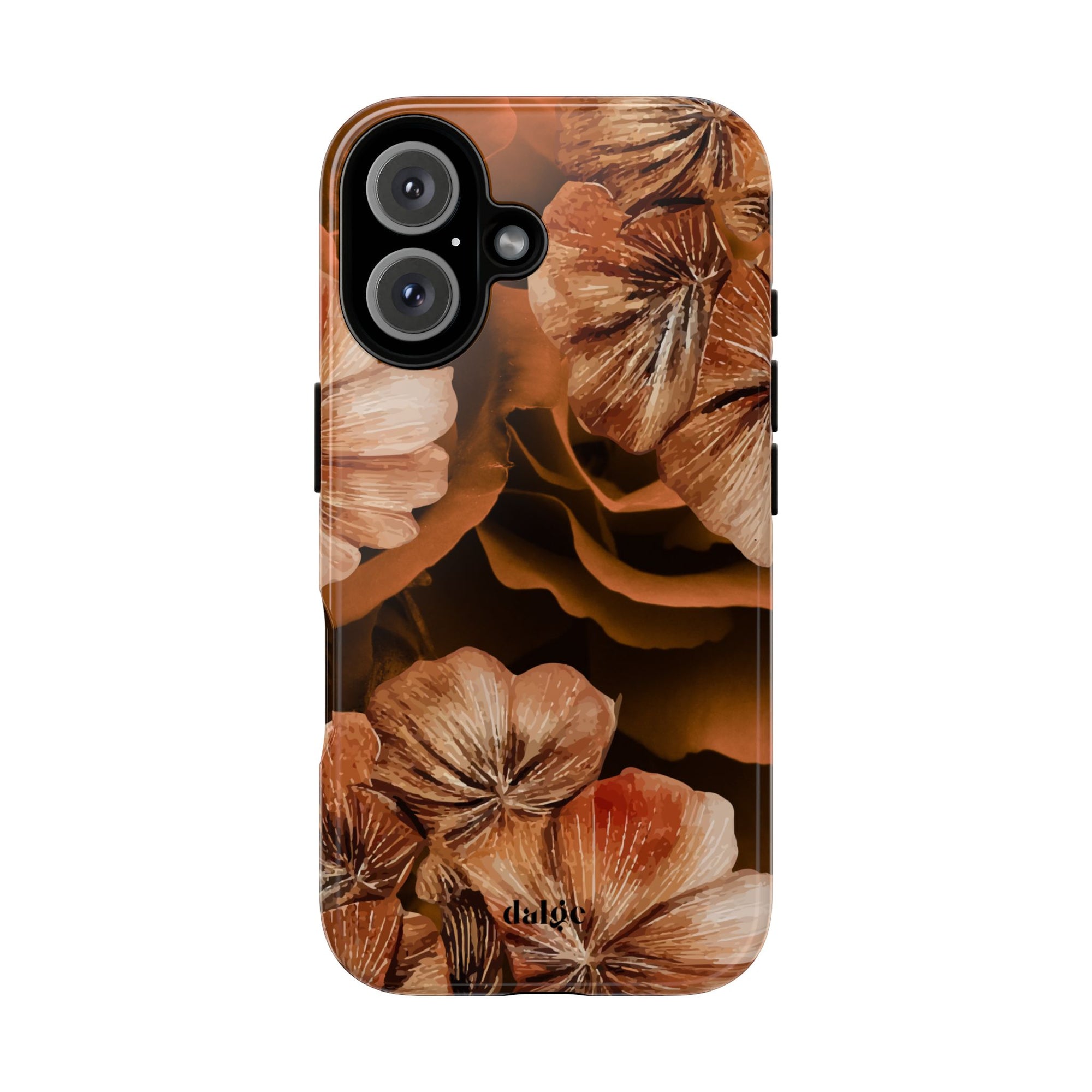 Midnight Date Tough Phone Case | Stylish & Durable Phone Protection with designed  big flowers in brown and peach shades.