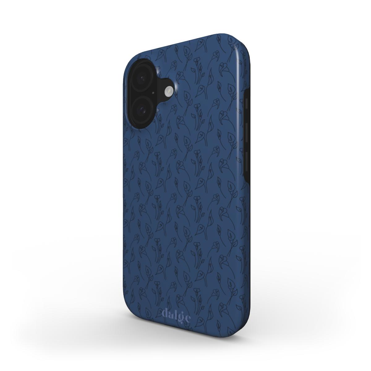 Movie Night New 16 Tough Case | Stylish & Durable Phone Protection  | Glossy Dark Blue Tough Phone Case with graphic small black flowers 