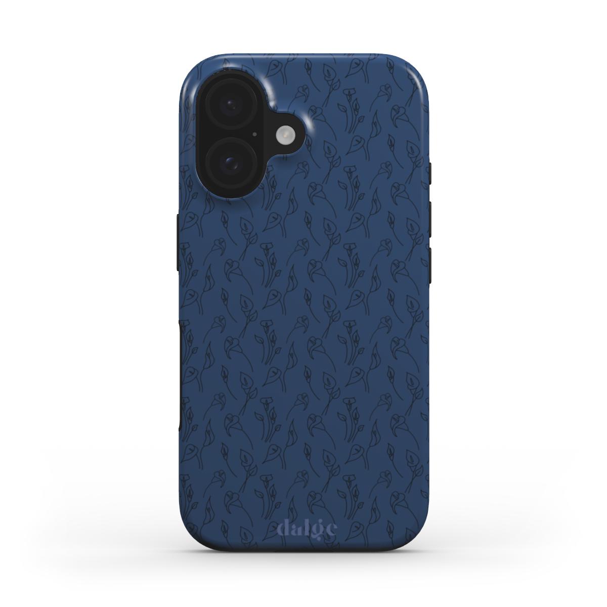 Movie Night New 16 Tough Case | Stylish & Durable Phone Protection  | Glossy Dark Blue Tough Phone Case with graphic small black flowers 