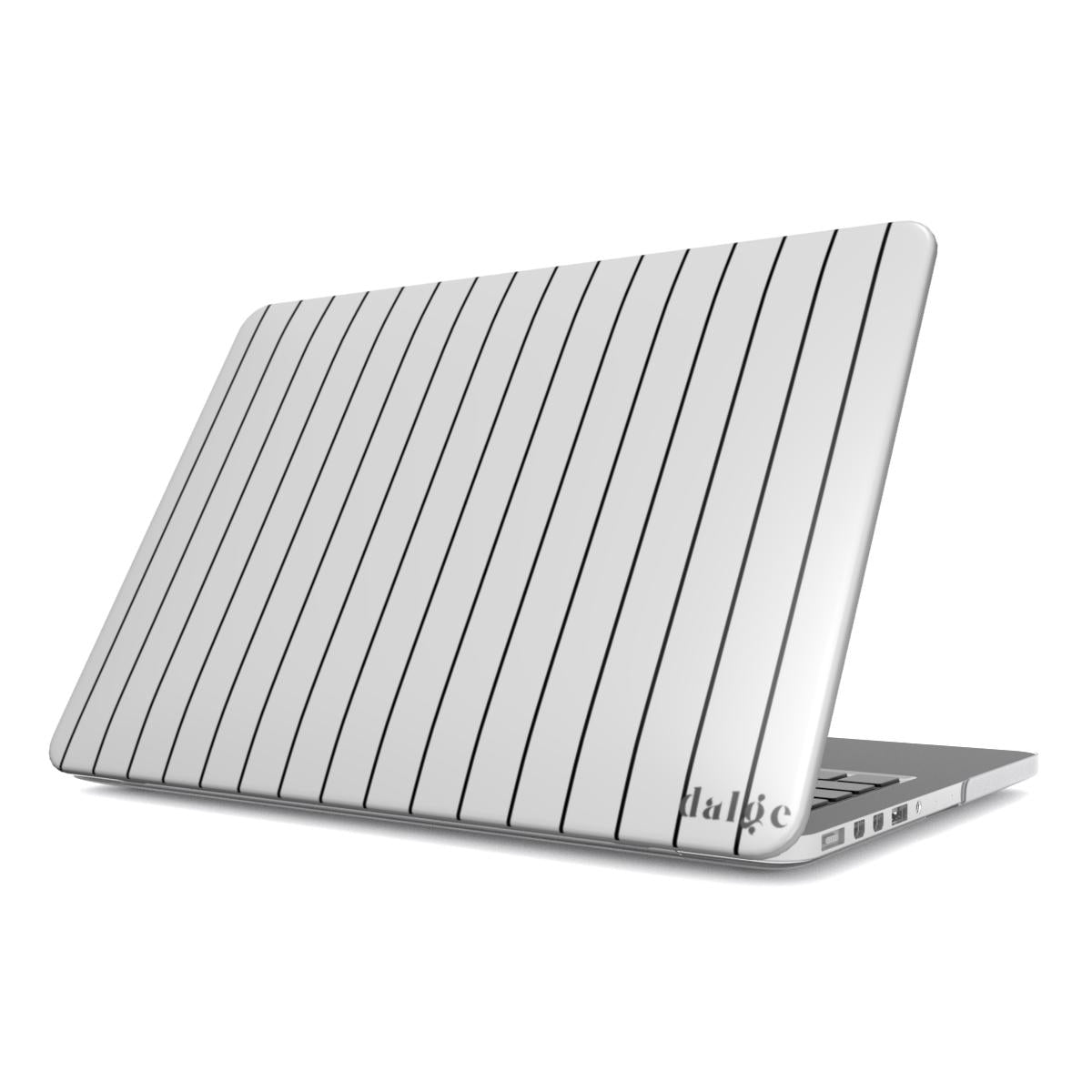 Minus One Laptop Case in matte white background with black stripes full covering your MacBook in an artistically, stylish way.