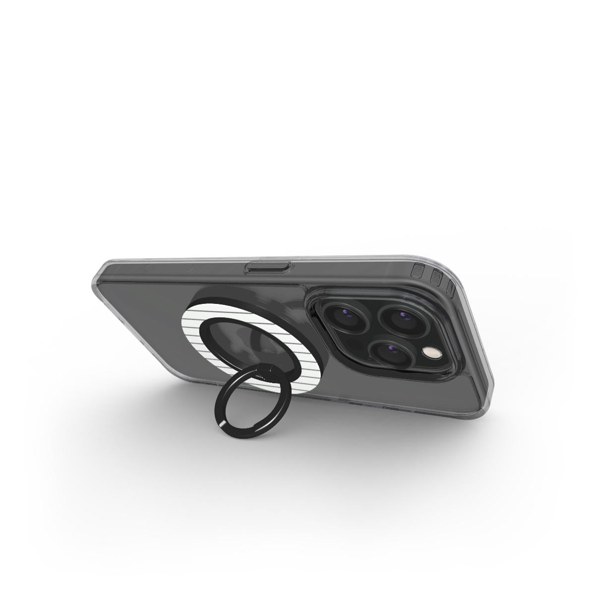 Minus One Phone Ring Holder in glossy with black stripes on white background giving a stylish look.