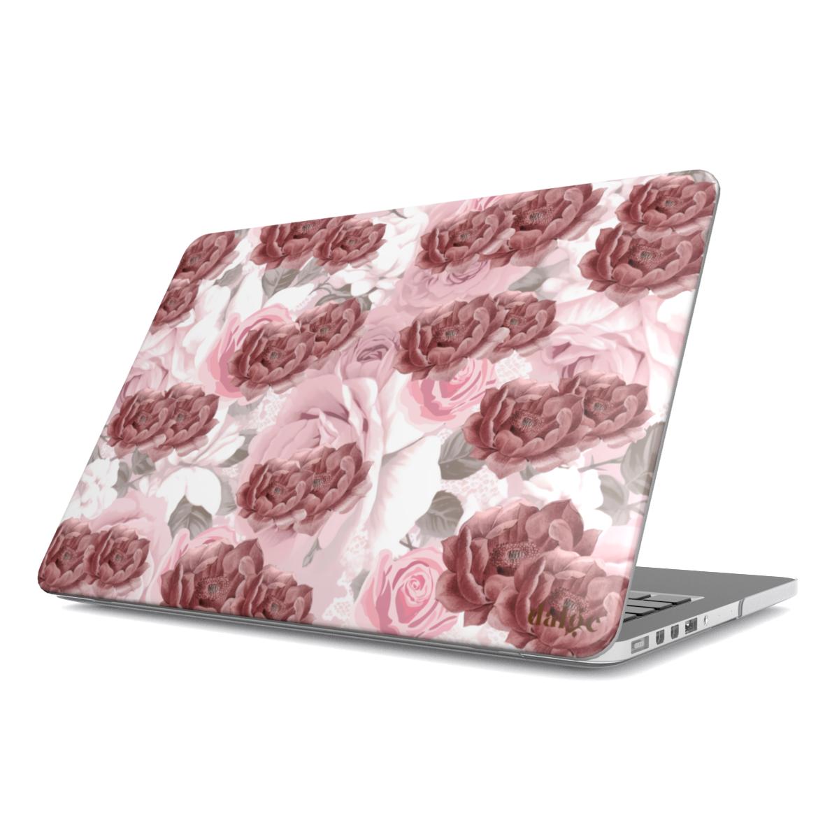 My Anniversary Laptop Case featuring pink and burgundy floral designs on white matte background fully covering artistically the MacBook.