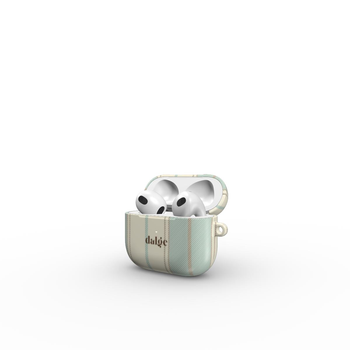 Old Shirt Earbuds Case featuring beige and light pastel green  stripes on glossy background covering in style 