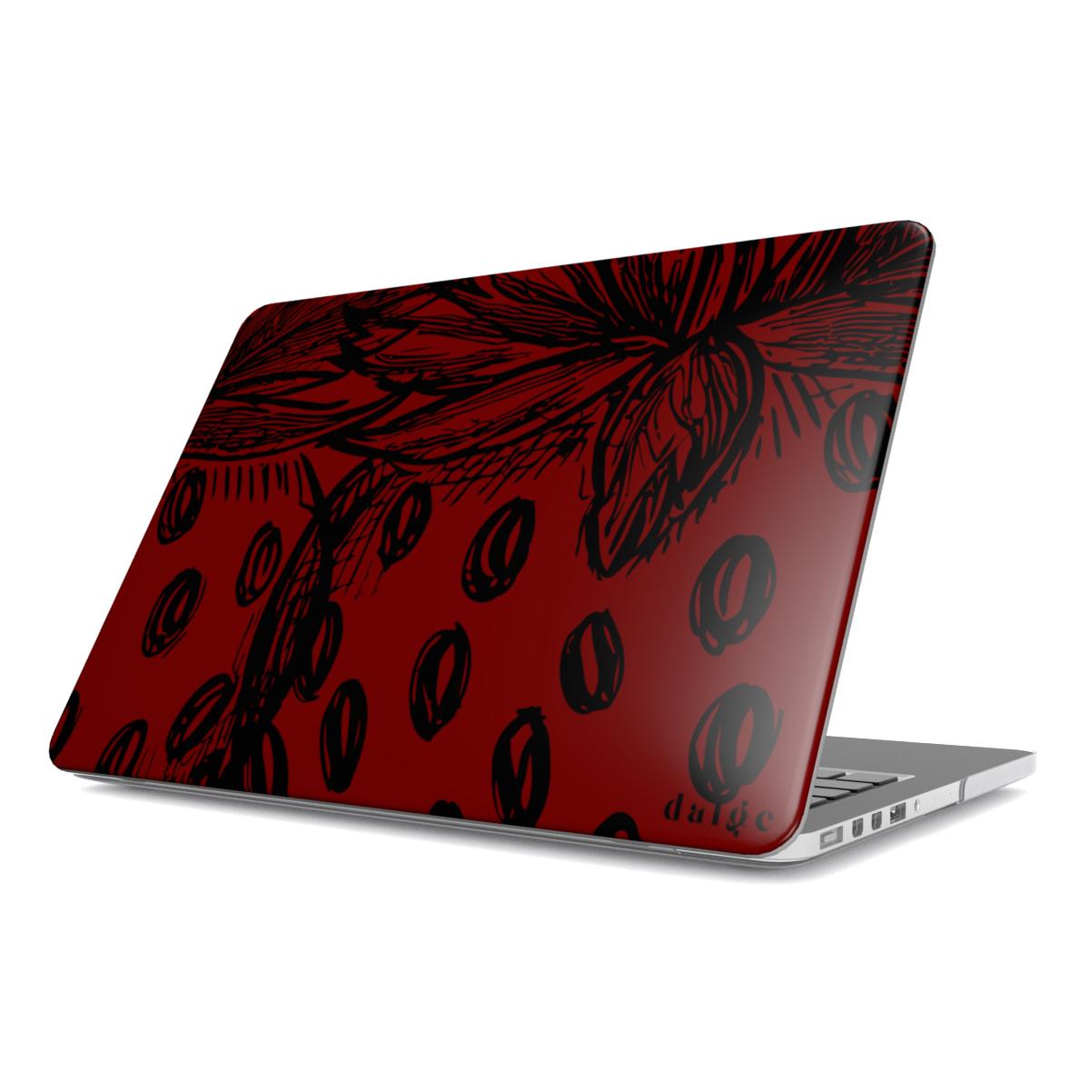 Strawberry Daiquiri Laptop Case featuring design of strawberries in black graphic on dark red background in matte finish full covering the MacBook