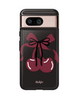 What About Cherries Tough Phone Case | Durable & Stylish, tough phone case featuring two red cherries and bows on black glossy background