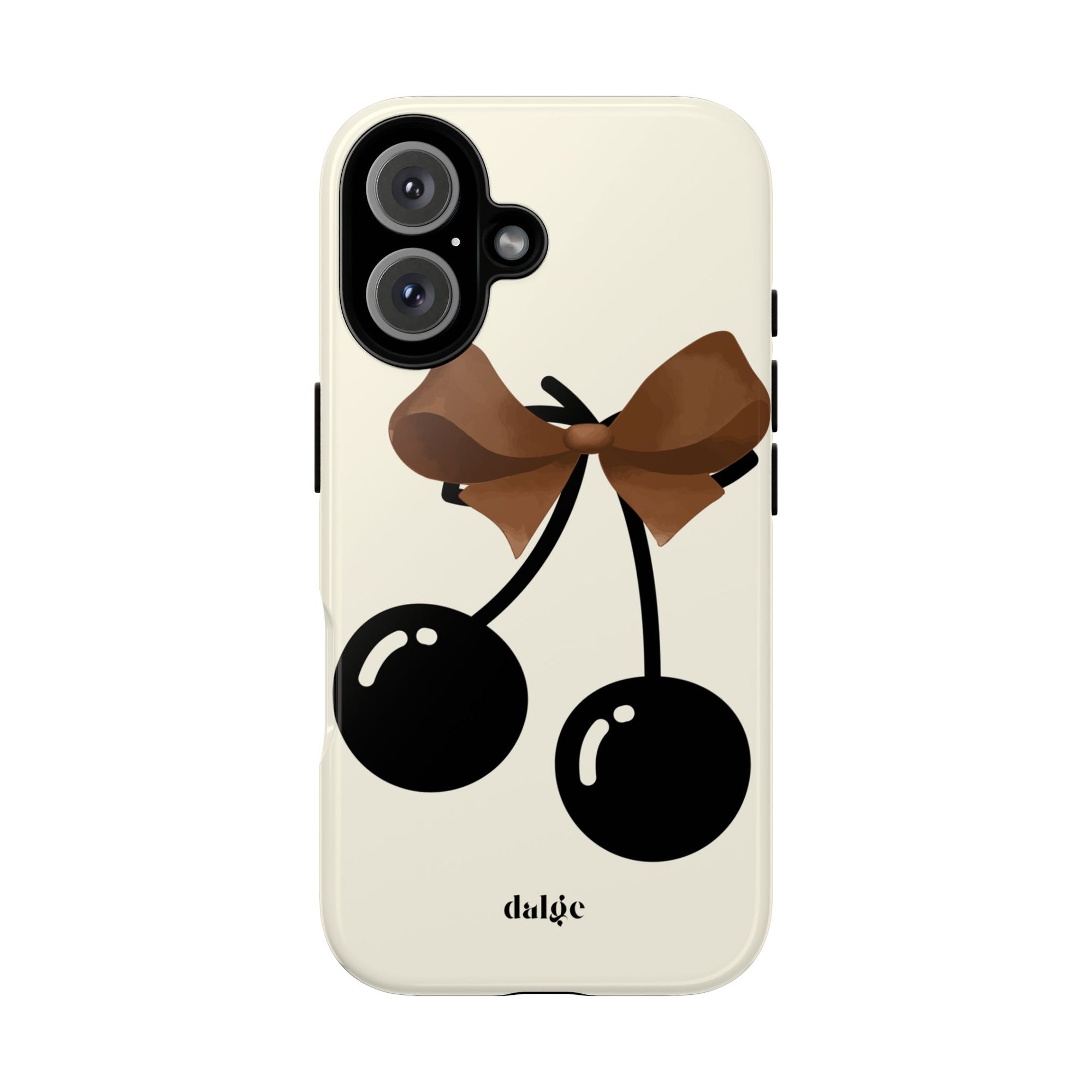 Sweet Sixteen Tough Phone Case  with two black cherries and brown bow on silky beige background full covering the device from our collection Mini Cocktail