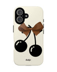 Sweet Sixteen Tough Phone Case  with two black cherries and brown bow on silky beige background full covering the device from our collection Mini Cocktail