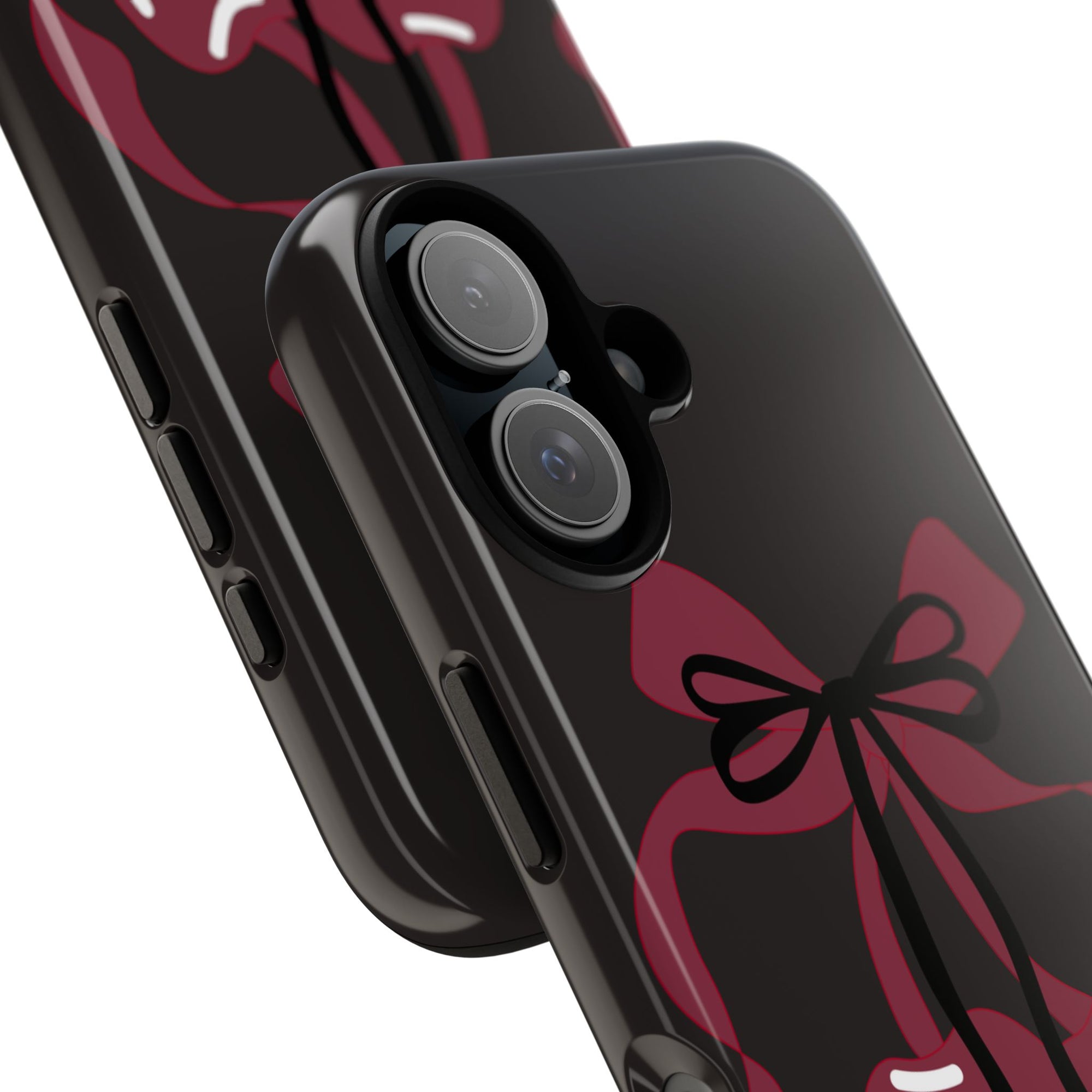 What About Cherries Tough Phone Case | Durable &amp; Stylish, tough phone case featuring two red cherries and bows on black glossy background
