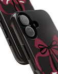 What About Cherries Tough Phone Case | Durable & Stylish, tough phone case featuring two red cherries and bows on black glossy background
