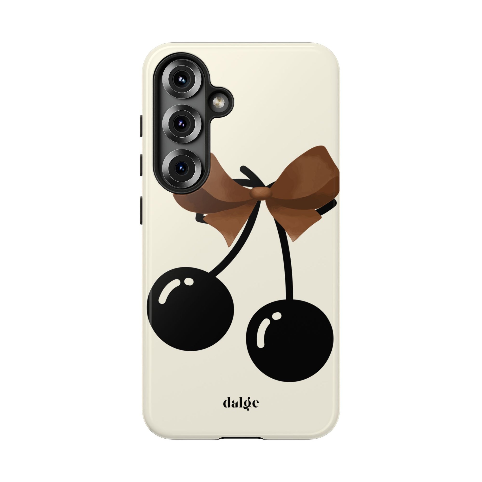 Sweet Sixteen Tough Phone Case  with two black cherries and brown bow on silky beige background full covering the device from our collection Mini Cocktail