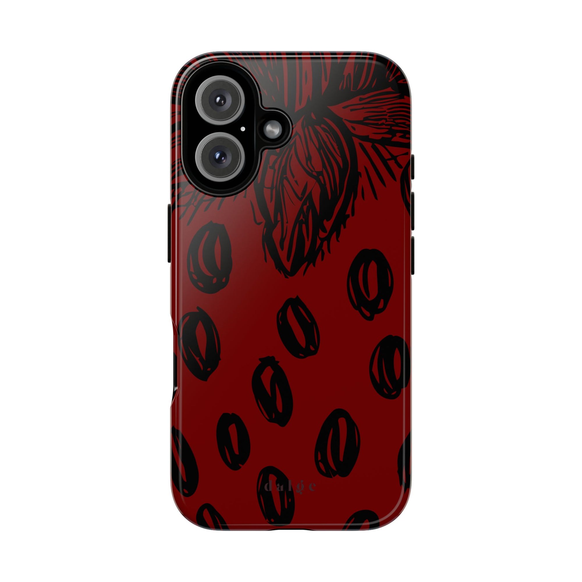 Strawberry Daiquiri Tough Phone Case featuring design of strawberries in black graphic on dark red background for durable and artistic coverage