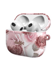 My Anniversary Earbuds Case featuring floral pink and white designs on glossy background artistically full covering the AirPods Case.