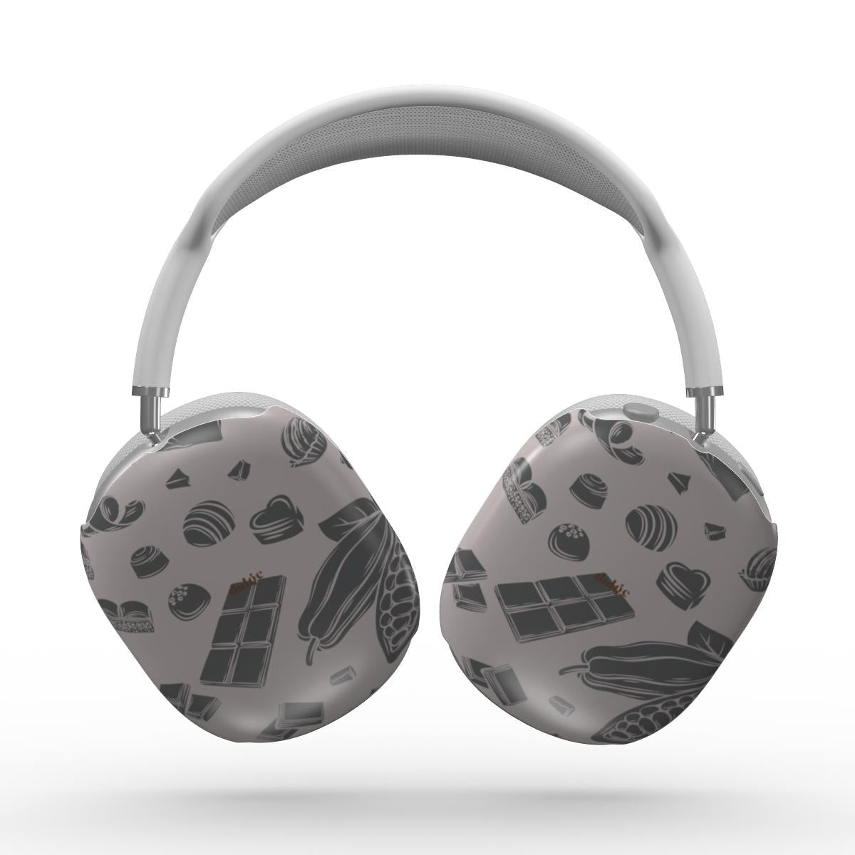 Sweet Course Max Cases featuring chocolate graphic design on taupe color background covering in an artistic way the AirPods Max to protect and stylize them