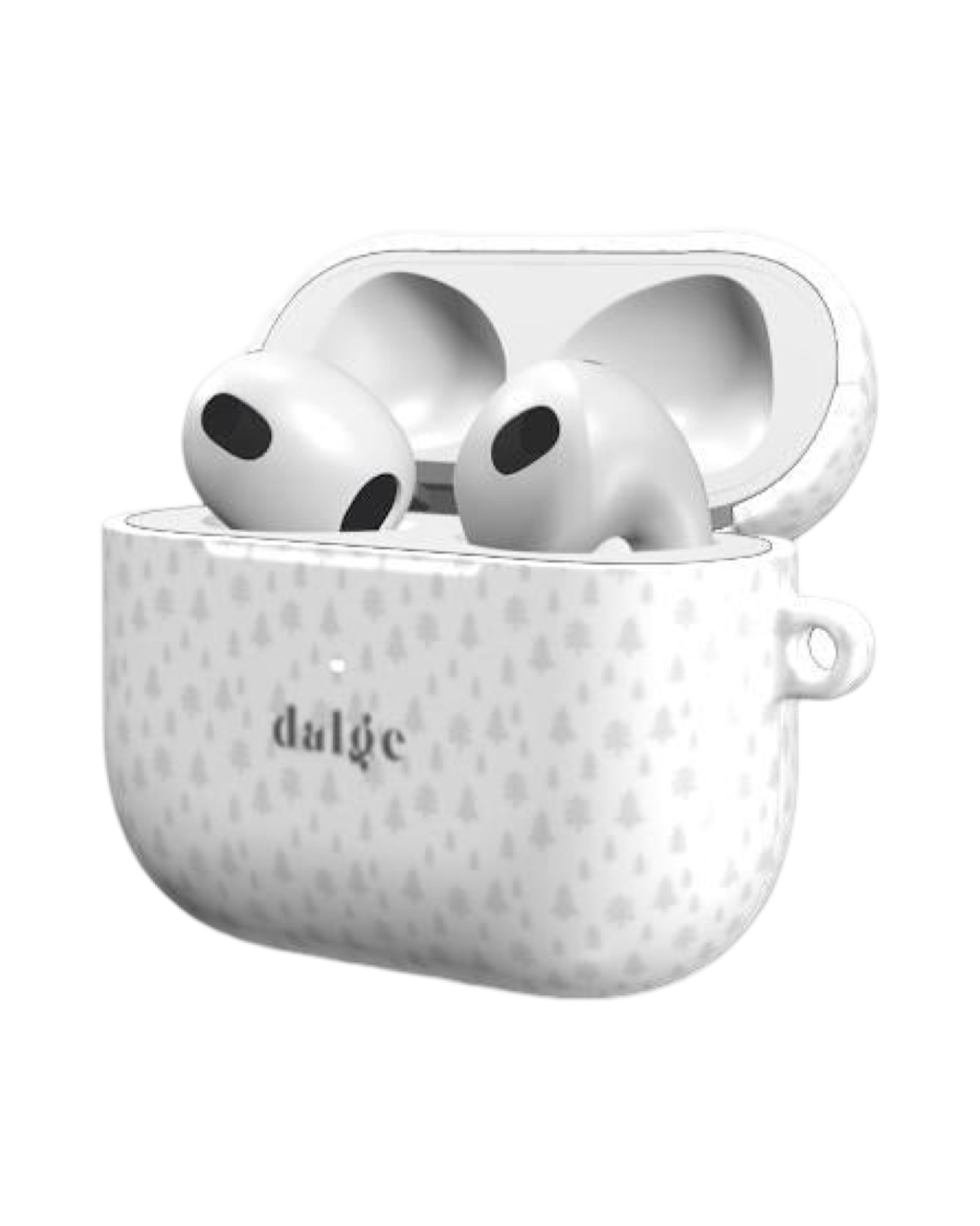 Noel Earbuds Case featuring christmasy designs on glossy white background.