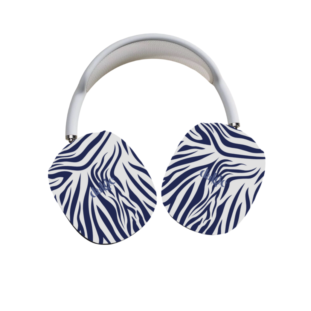 Midnight Blue Animal Pint Max Cases in glossy or matte with blue and white zebra prints | Artistic Coverage for AirPods Max.