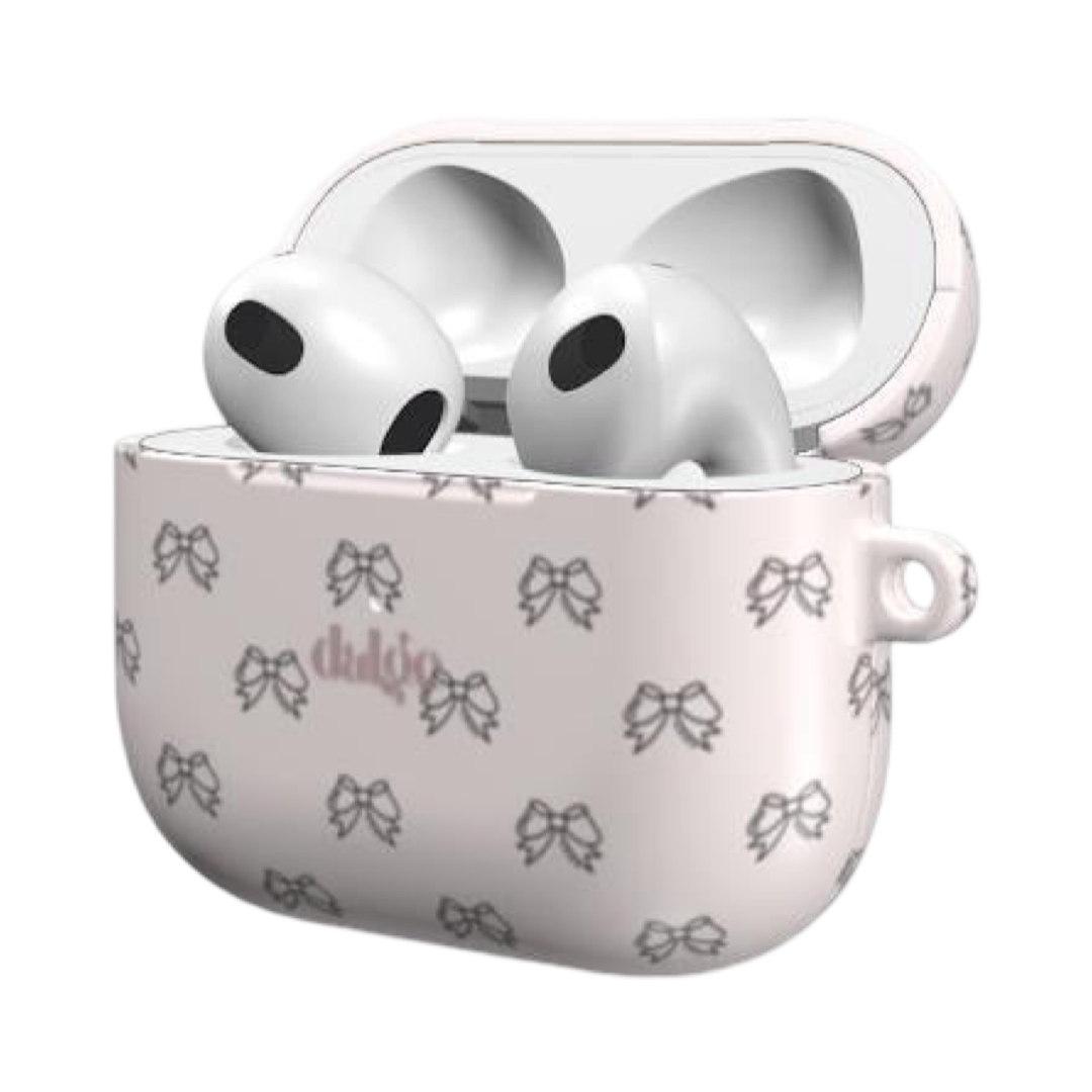 Pretty Bows Earbuds Case featuring black graphic bows on pastel pink glossy background.