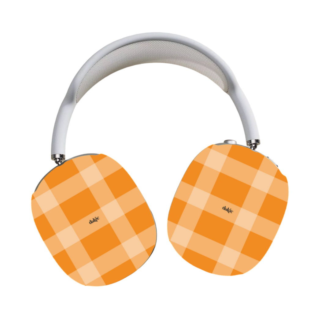 Pumpkin Tart Max Cases featuring orange checkered designs to artistically cover your AirPods Max.