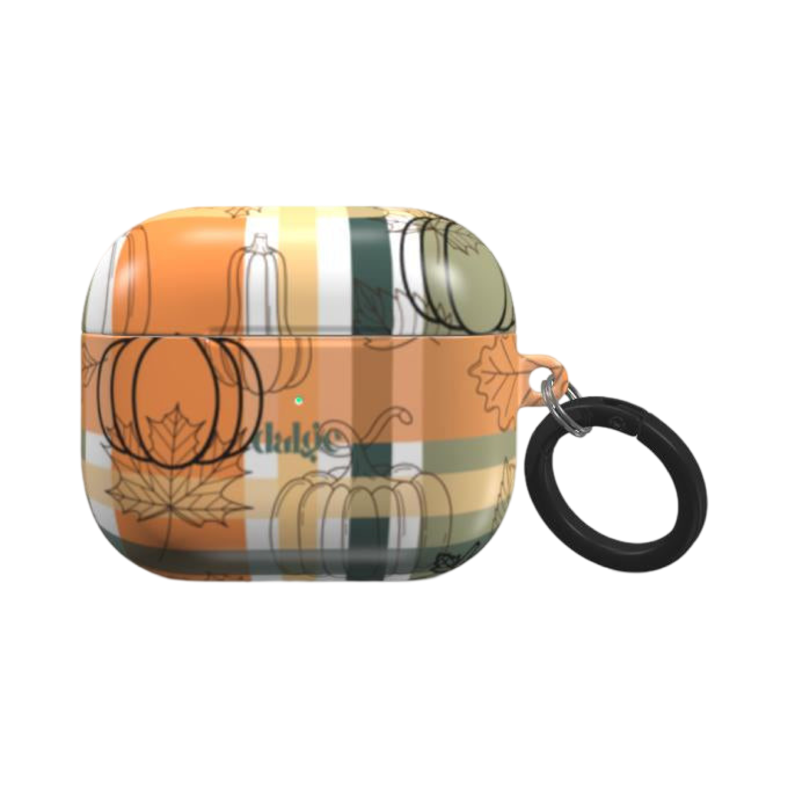 Table For Two Earbuds Case glossy AirPods Case featuring Fall Halloween designs with pumpkins with orange, green and white color lines.