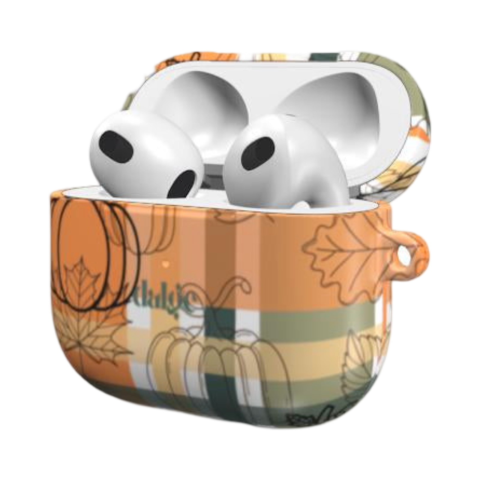 Table For Two Earbuds Case glossy AirPods Case featuring Fall Halloween designs with pumpkins with orange, green and white color lines.