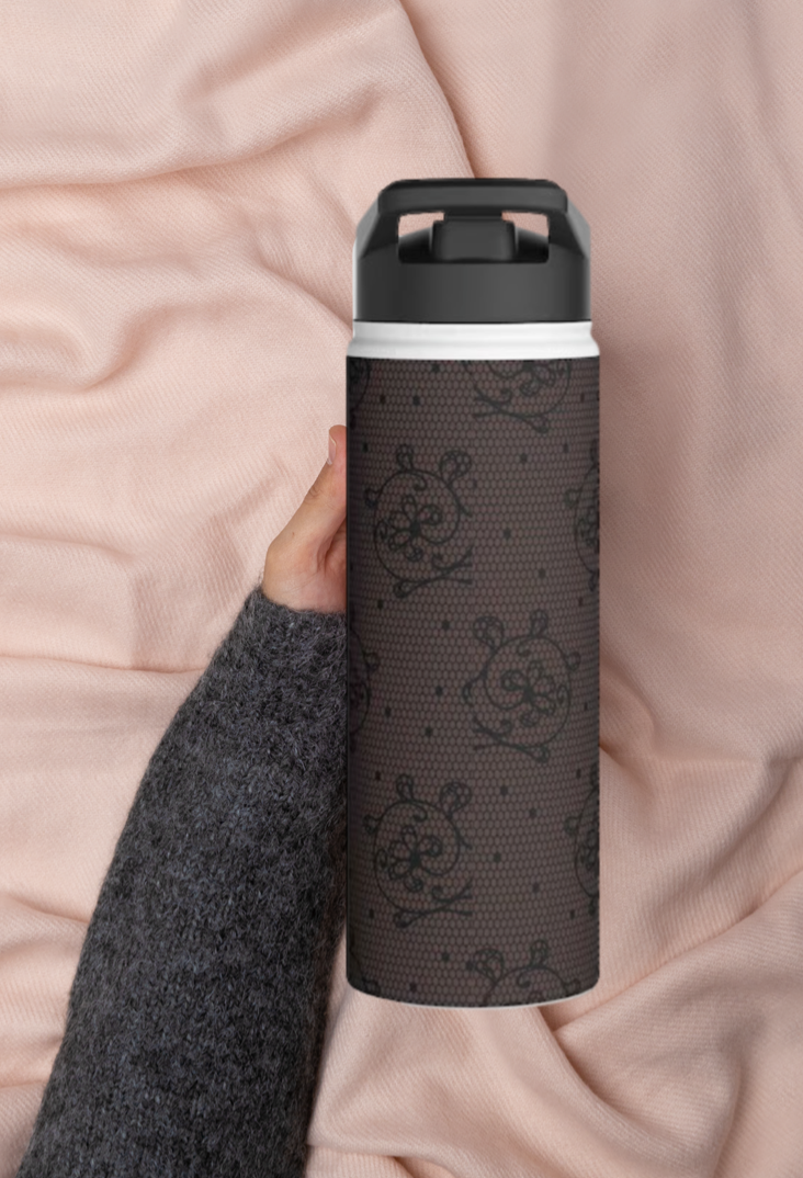 Icon featuring a hand holding a dark floral designed water bottle against a silk pink fabric background.